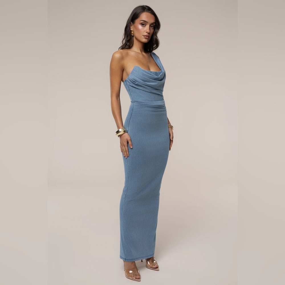 JLUXLABEL DENIM ONE SHOULDER MAXI DRESS